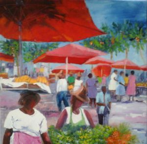 Voir le détail de cette oeuvre: les parasols rouges du marché antillas